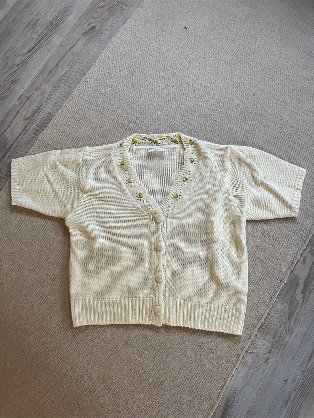 Sage Cream Short Sleeve V-Neck Knit Cardigan with Floral Trim